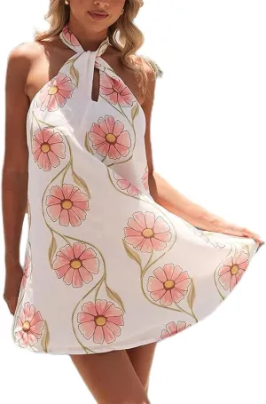 Women Halter Mini Dress Summer Y2K Solid Sexy Open Back Sleeveless Tie Up Bow Aesthetic Short Formal Dresses