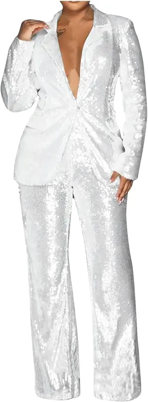 Women Sequin Blazer Sets Formal Prom Glitter Pants Suits Sparkly Jackets Wedding Evening Party 2 Piece Outfits
