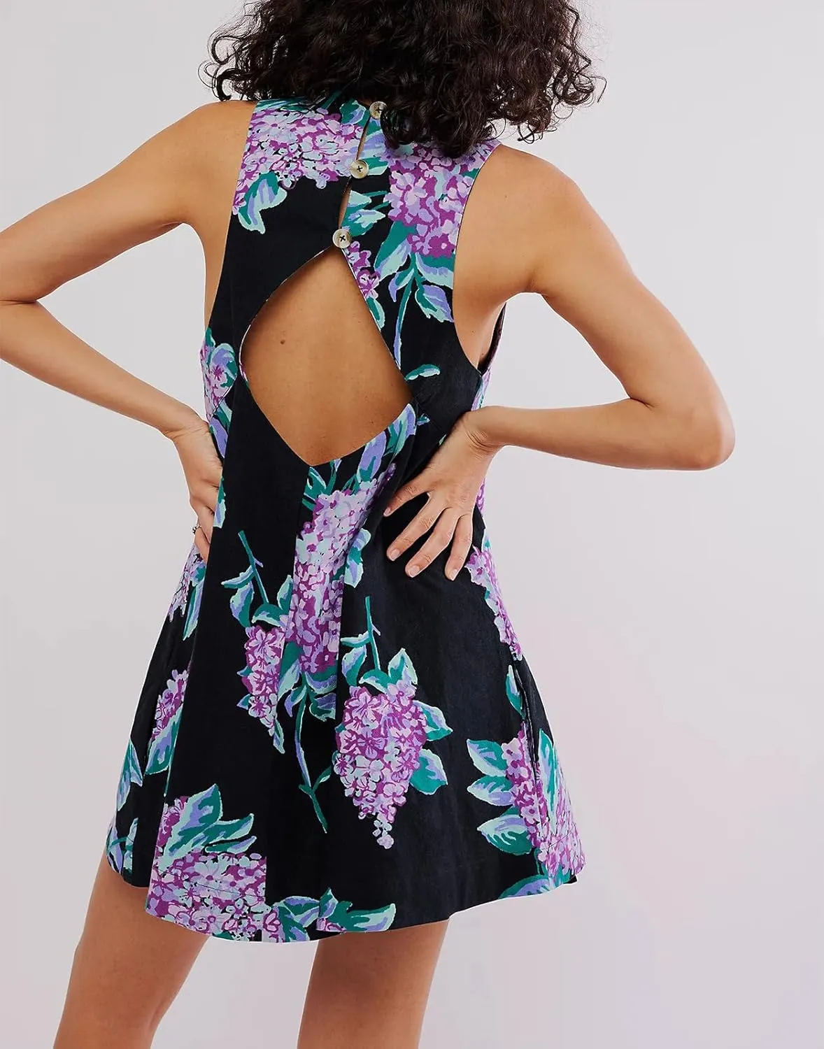 Women Sleeveless Tank Dress Y2k Floral Summer Dresses Back Zipper Linen Mini Dress Backless Beach Sundress