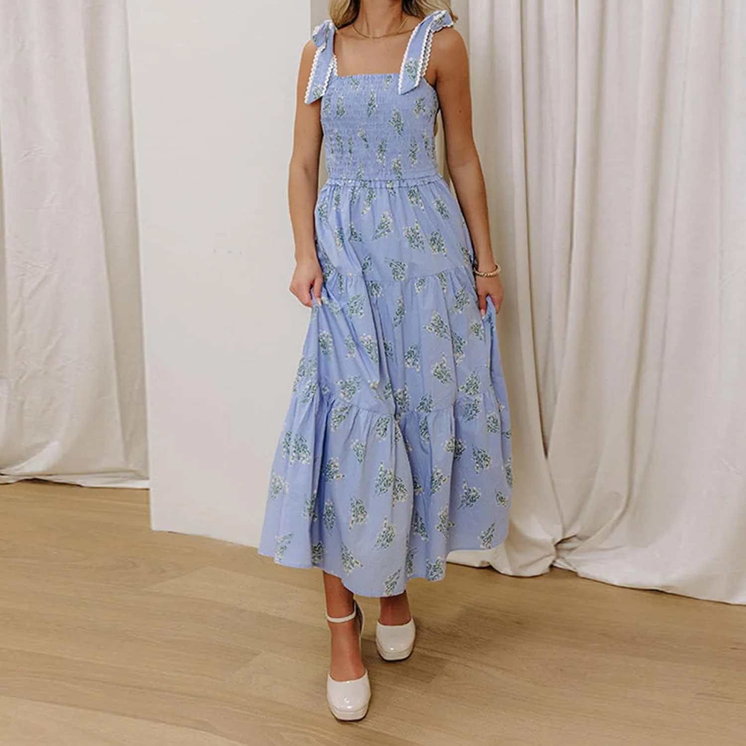 Women Strapless Going Out Long Dress Adjustable Strap Shirred Chest Maxi Boho Dress