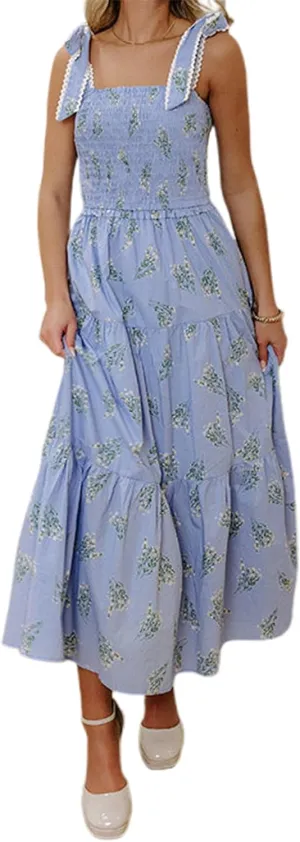 Women Strapless Going Out Long Dress Adjustable Strap Shirred Chest Maxi Boho Dress