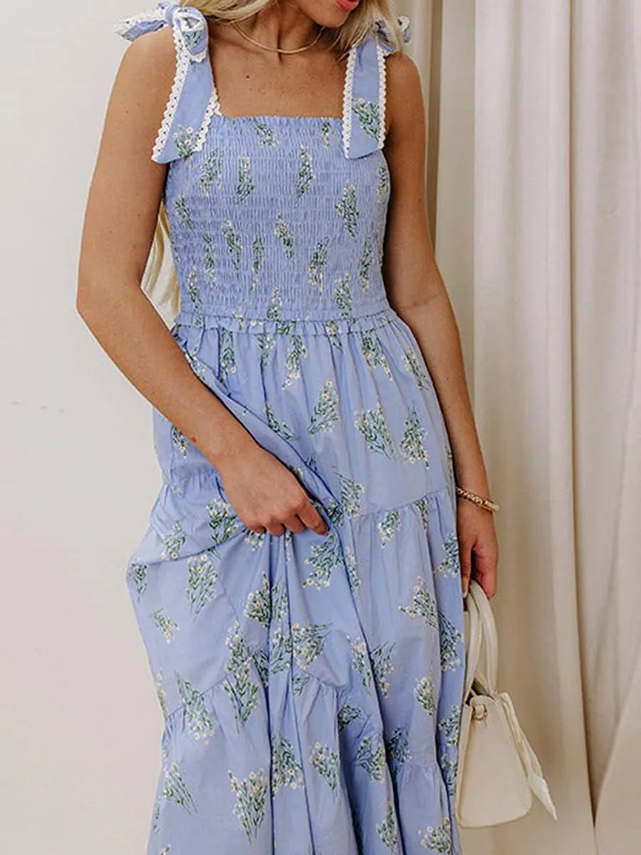Women Strapless Going Out Long Dress Adjustable Strap Shirred Chest Maxi Boho Dress