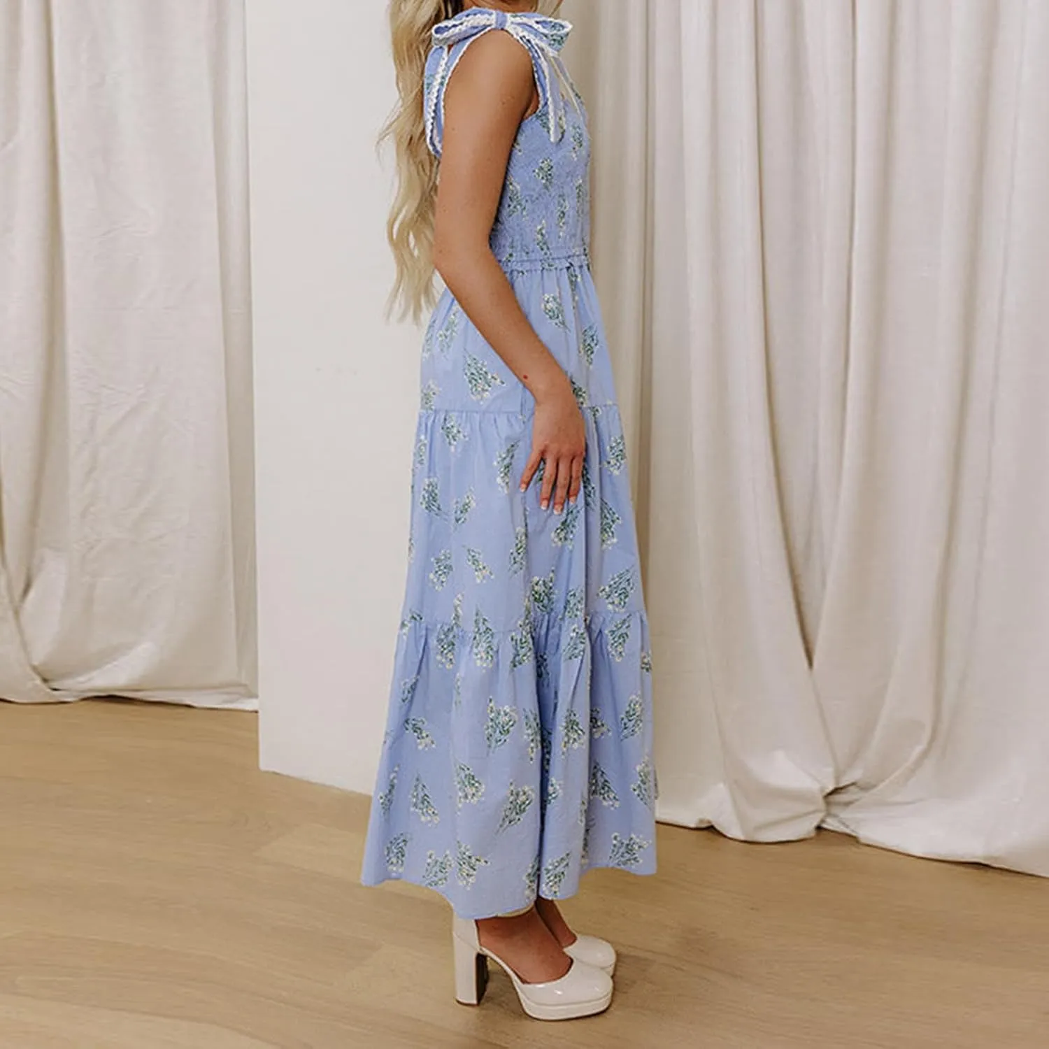 Women Strapless Going Out Long Dress Adjustable Strap Shirred Chest Maxi Boho Dress