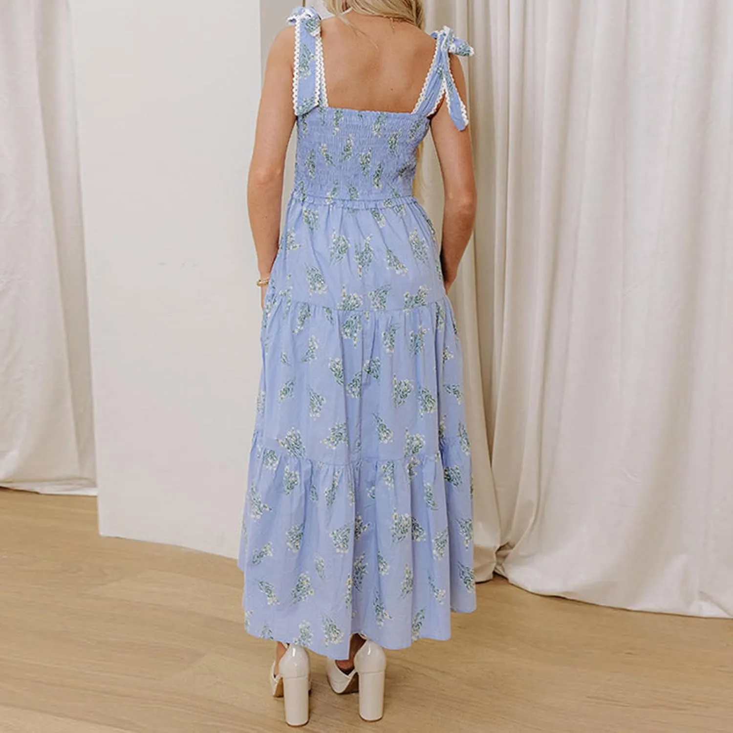 Women Strapless Going Out Long Dress Adjustable Strap Shirred Chest Maxi Boho Dress
