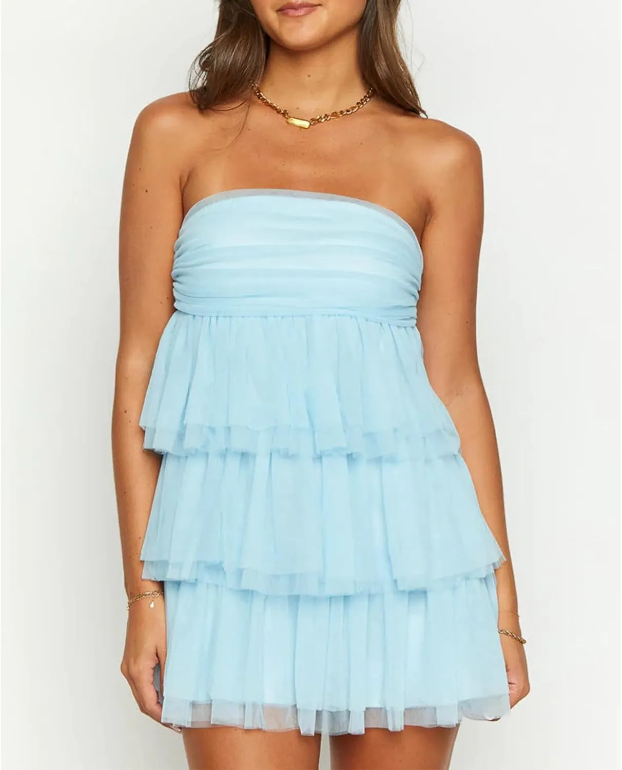 Women Strapless Tube Top Dress Solid Color Ruffle Hem Tiered Mini Dress Fairy Slim Fit Cake Party Dress