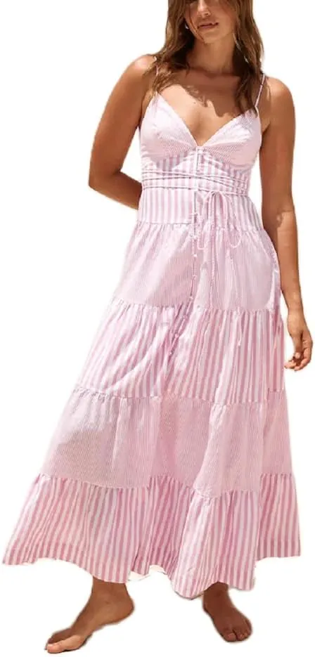 Women Y2k Boho Maxi Dress Tie Front V Neck Cami Flowy Dress Summer Causal Floral Beach Vacation Sundress