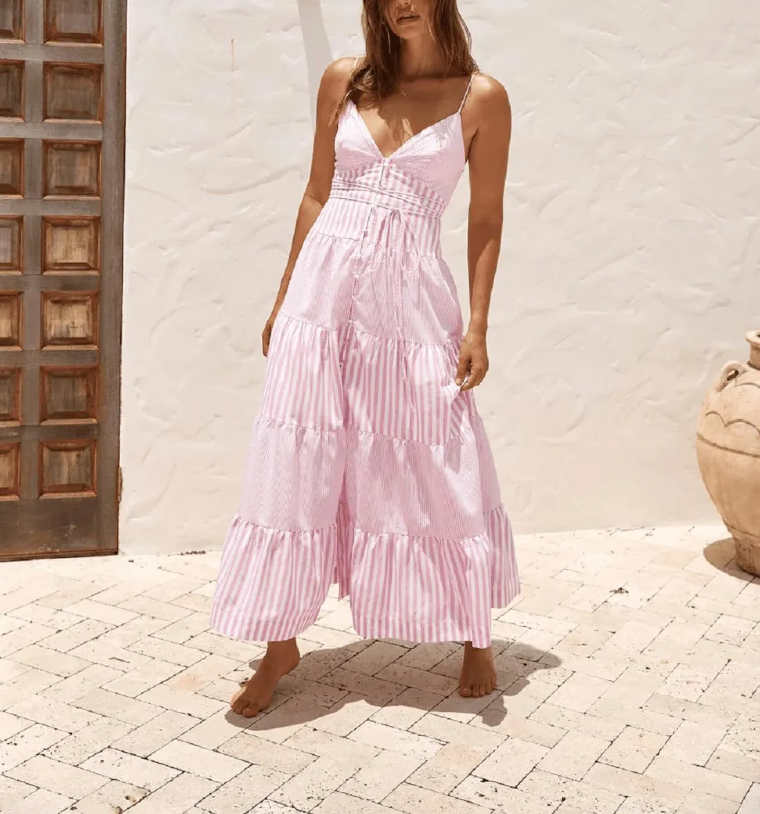 Women Y2k Boho Maxi Dress Tie Front V Neck Cami Flowy Dress Summer Causal Floral Beach Vacation Sundress