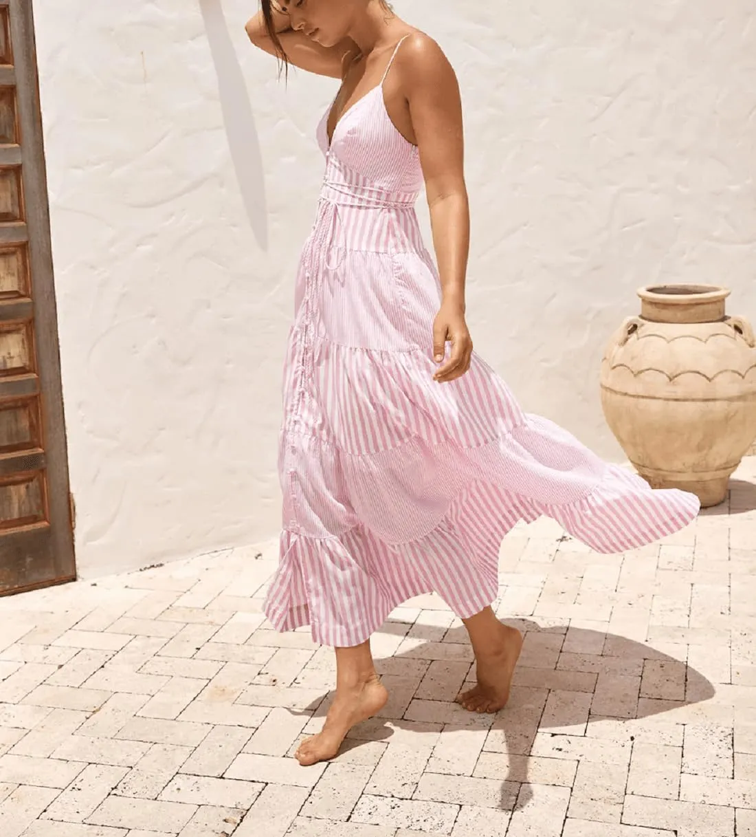 Women Y2k Boho Maxi Dress Tie Front V Neck Cami Flowy Dress Summer Causal Floral Beach Vacation Sundress