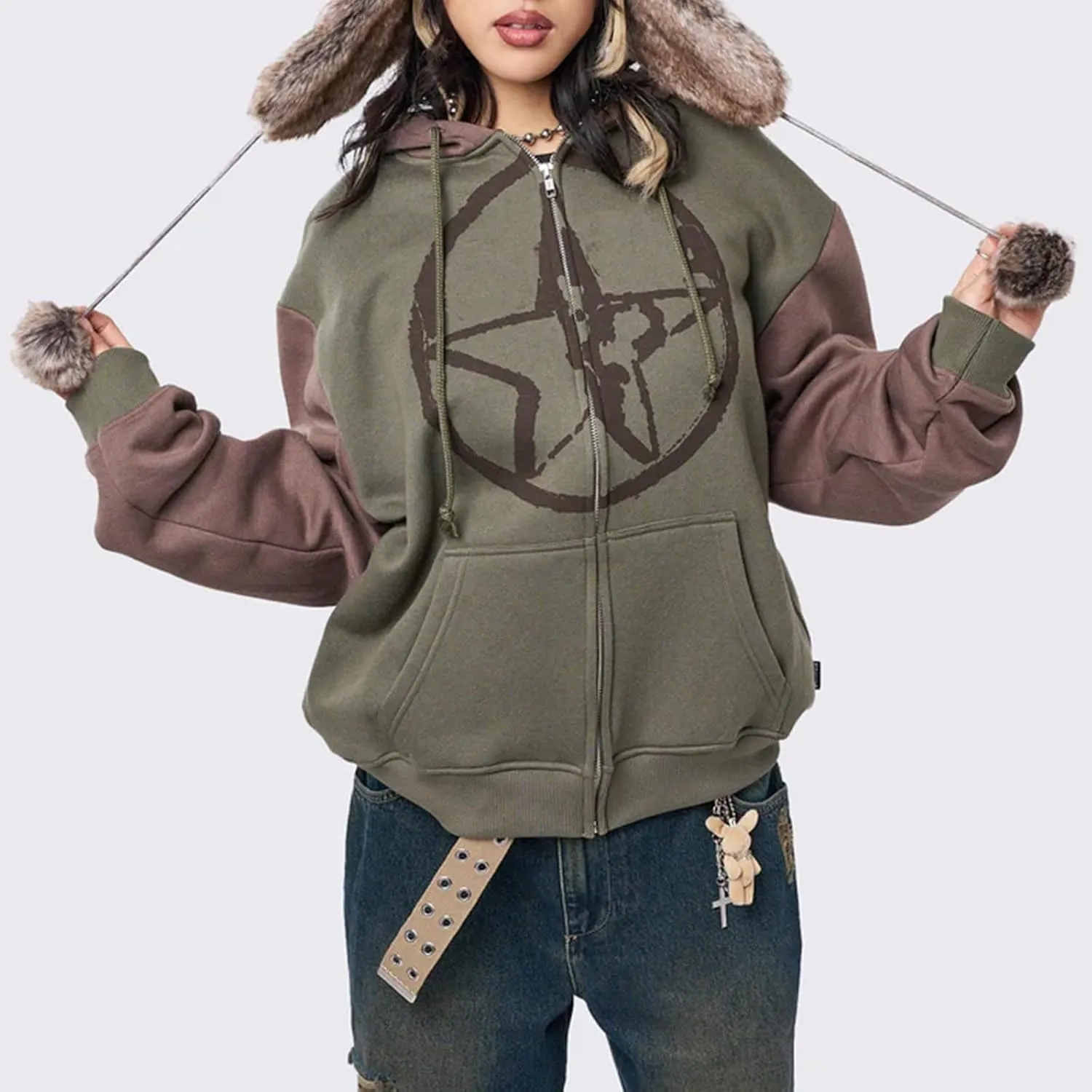 Women Zip Up Hoodie Y2k Vintage Graphic Oversized Sweatshirt Long Sleeve Goth Jacket Harajuku Streetwear