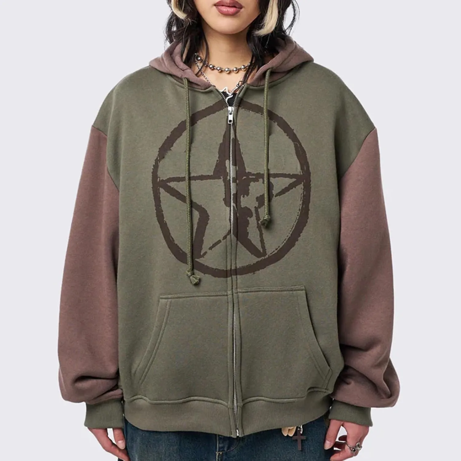 Women Zip Up Hoodie Y2k Vintage Graphic Oversized Sweatshirt Long Sleeve Goth Jacket Harajuku Streetwear