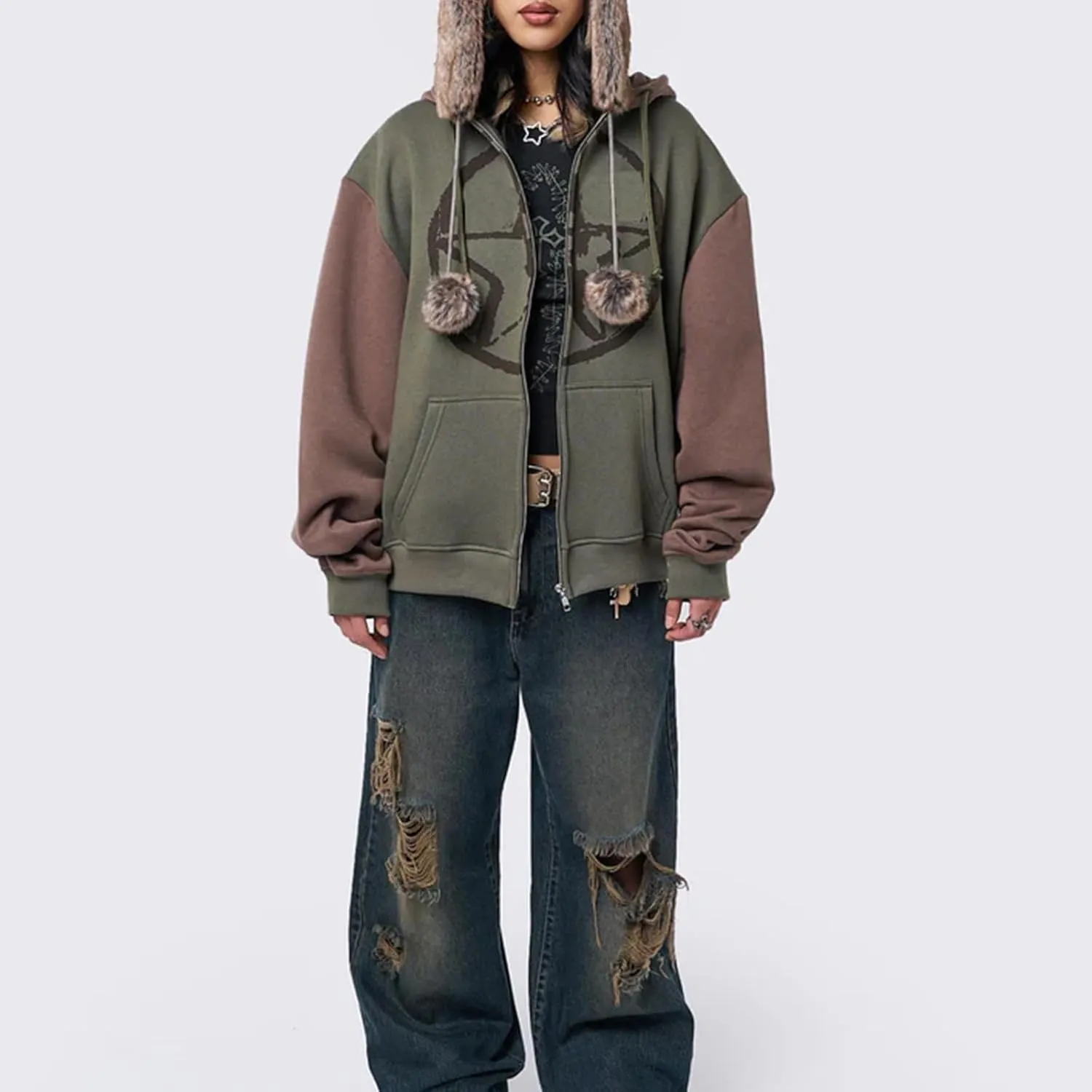 Women Zip Up Hoodie Y2k Vintage Graphic Oversized Sweatshirt Long Sleeve Goth Jacket Harajuku Streetwear