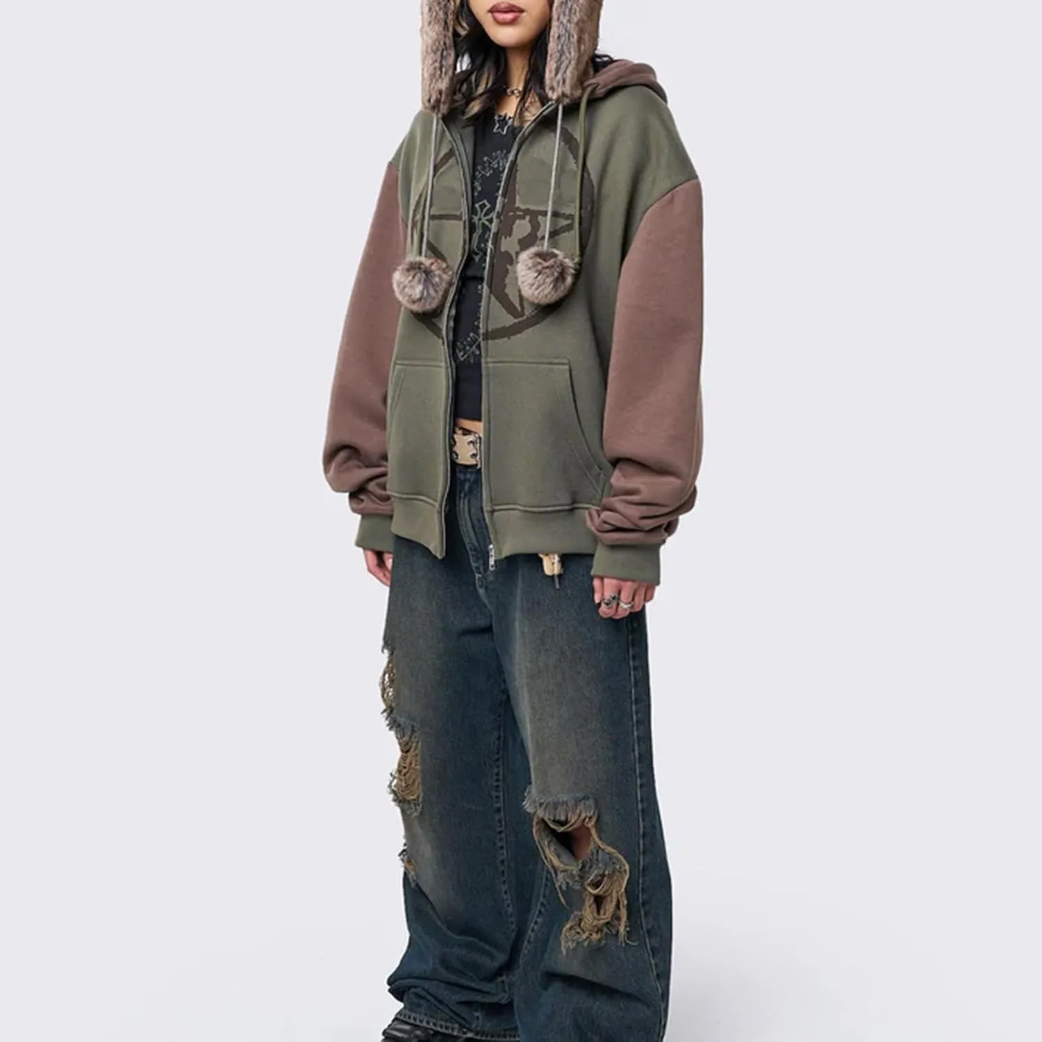 Women Zip Up Hoodie Y2k Vintage Graphic Oversized Sweatshirt Long Sleeve Goth Jacket Harajuku Streetwear