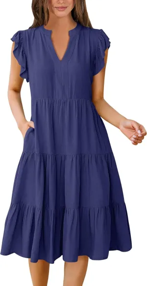 Women's 2025 Casual Flutter Short Sleeve V Neck Dress Summer Beach Ruffle Tiered Swing A-line Midi Sundress