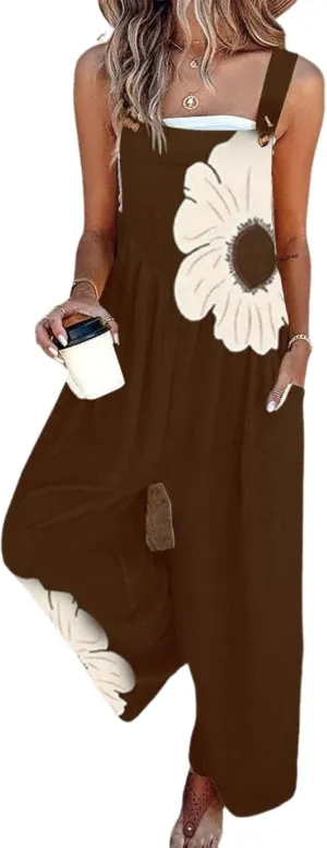 Women's 2025 Summer Casual Floral Print Jumpsuits Loose Fit Adjustable Straps Brown Color Side Pockets Beach Rompers