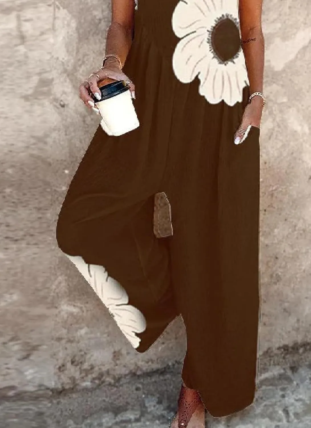 Women's 2025 Summer Casual Floral Print Jumpsuits Loose Fit Adjustable Straps Brown Color Side Pockets Beach Rompers