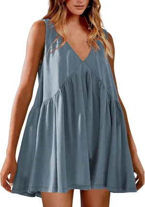 Womens Babydoll Dress Summer Sleeveless Mini Dress Casual Loose V Neck Swing Flowy Beach Sundresses with Pockets