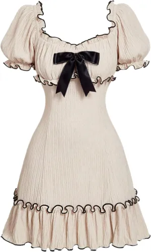 Women's Bow Mini Dress Frill Trim Ruffle Hem Puff Sleeve A Line Midi Dresses