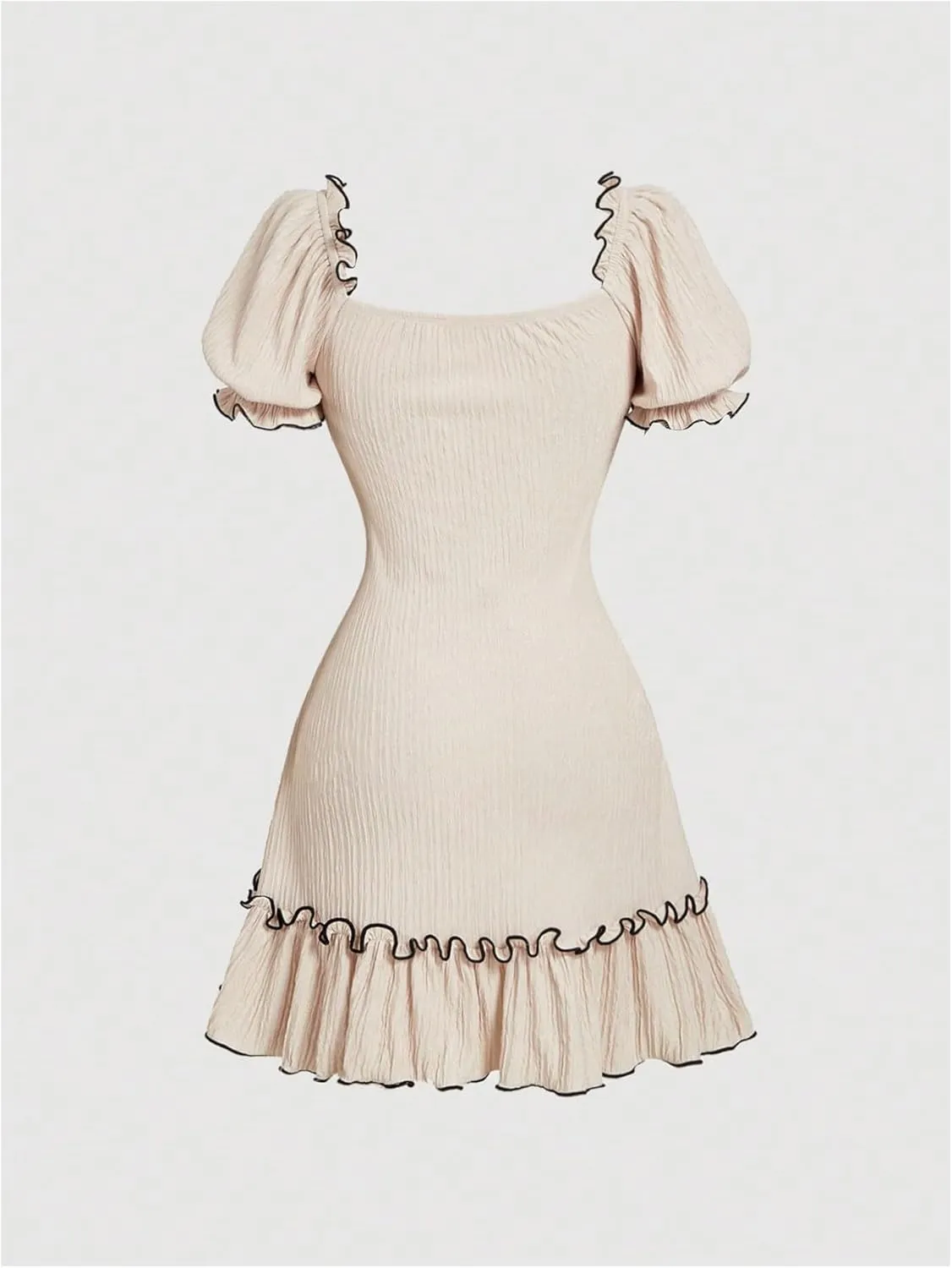 Women's Bow Mini Dress Frill Trim Ruffle Hem Puff Sleeve A Line Midi Dresses