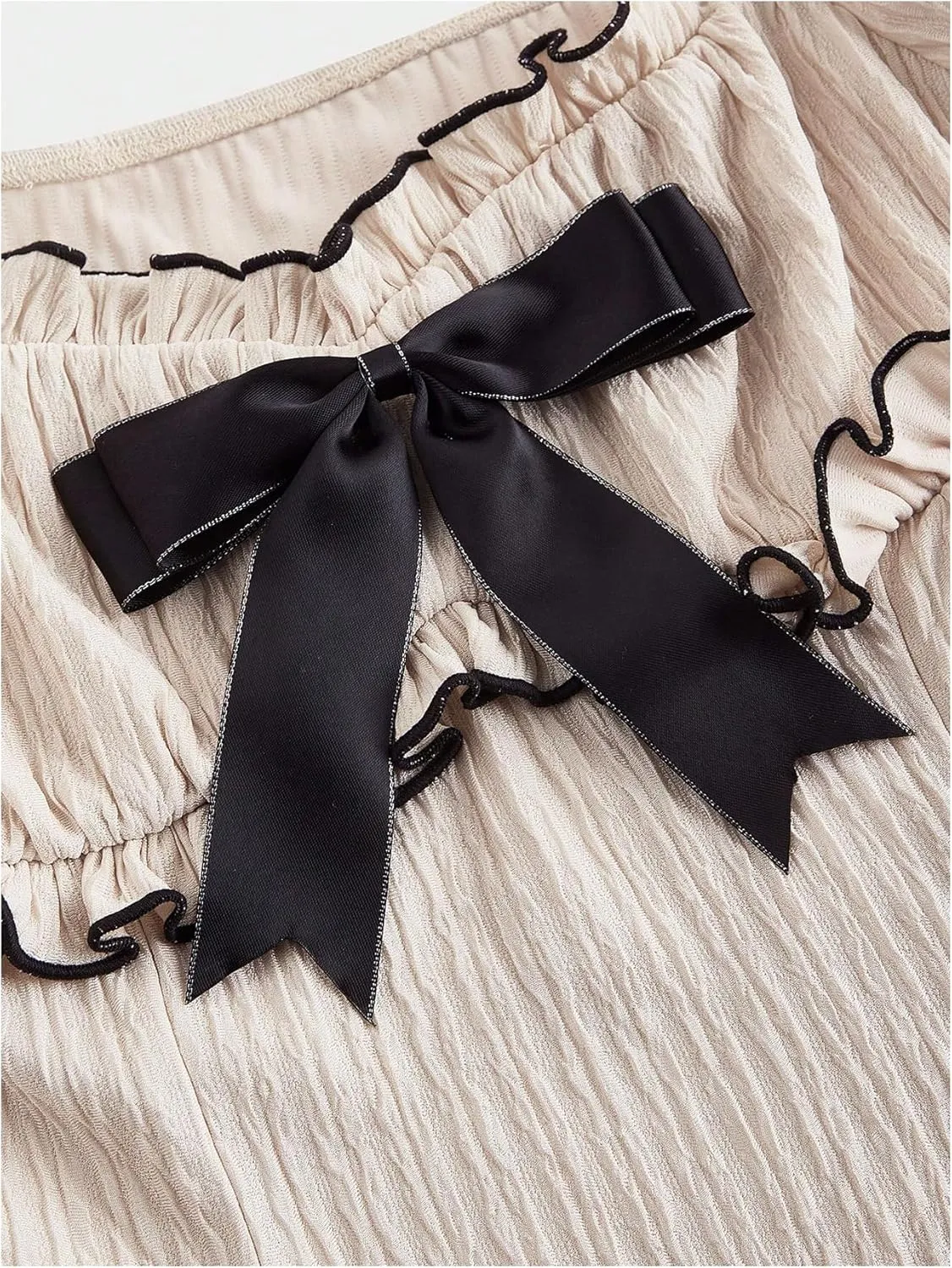 Women's Bow Mini Dress Frill Trim Ruffle Hem Puff Sleeve A Line Midi Dresses
