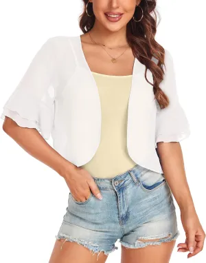 Women's Cardigan Bolero Shrug Ruffle Short Sleeve Open Front Loose Sheer Jackets for Tops
