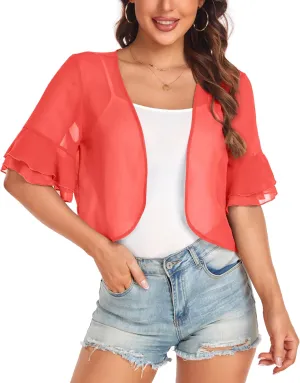 Women's Cardigan Bolero Shrug Ruffle Short Sleeve Open Front Loose Sheer Jackets for Tops(Orange,XL)