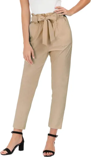 Women's Casual Cropped Paper Bag Pants Elastic High Waist Pants Fashion Trouser with Pocket