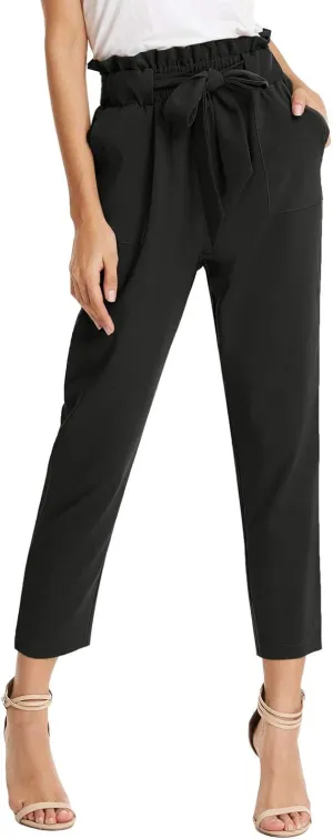 Women's Casual Cropped Paper Bag Pants Elastic High Waist Pants Fashion Trouser with Pocket