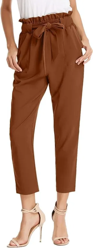 Women's Casual Cropped Paper Bag Pants Elastic High Waist Pants Fashion Trouser with Pocket
