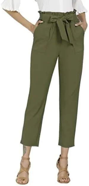 Women's Casual Cropped Paper Bag Pants Elastic High Waist Pants Fashion Trouser with Pocket