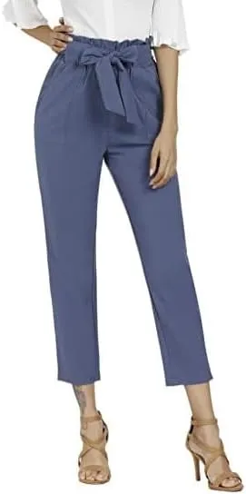 Women's Casual Cropped Paper Bag Pants Elastic High Waist Pants Fashion Trouser with Pocket