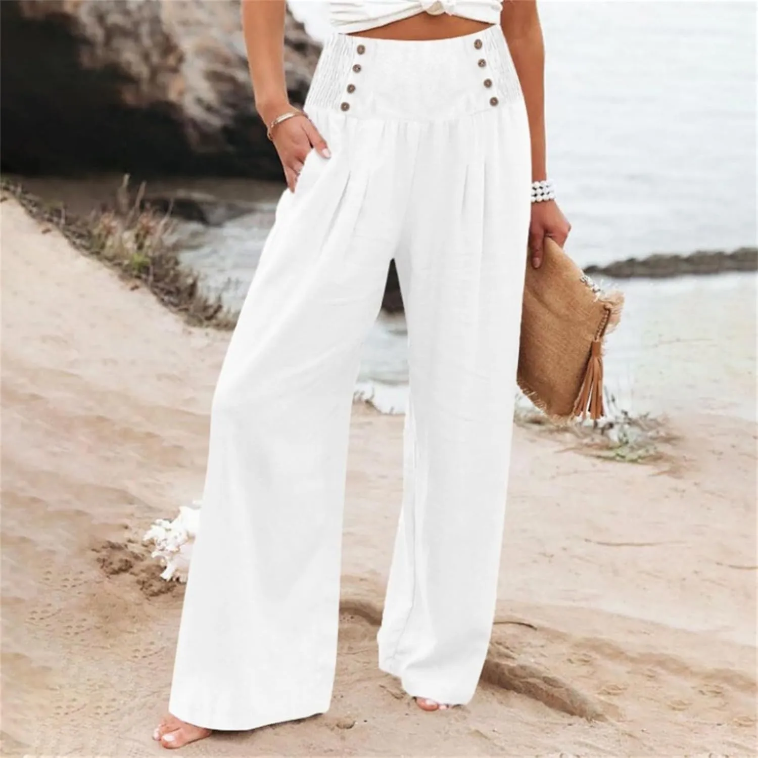 Women's Casual Long Palazzo Pants Cotton Linen Elastic High Waist Wide Leg Pant Loose Lounge Comfy Beach Trousers