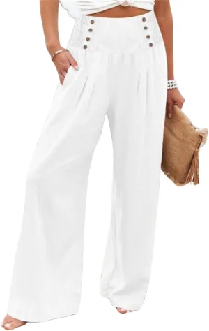 Women's Casual Long Palazzo Pants Cotton Linen Elastic High Waist Wide Leg Pant Loose Lounge Comfy Beach Trousers