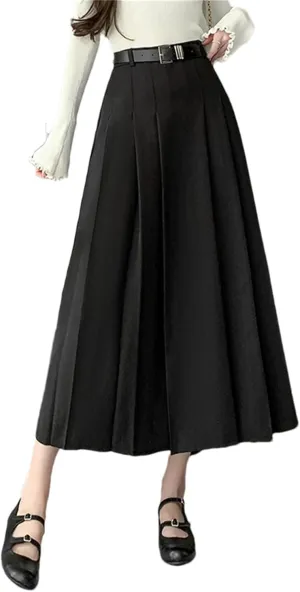 Women's Casual Pleated Skirts Vintage Solid High Waist Mid Length A-Line Skirts