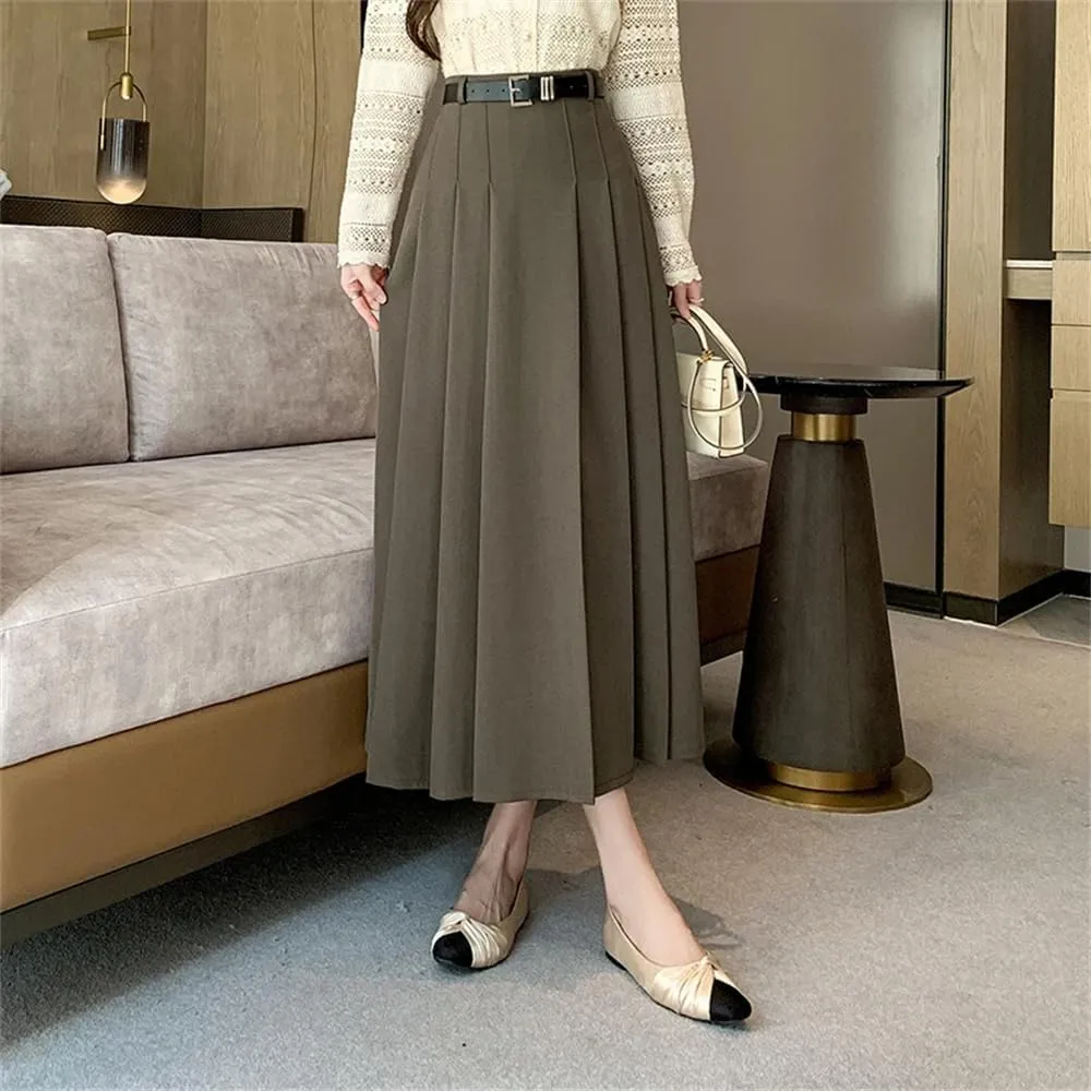 Women's Casual Pleated Skirts Vintage Solid High Waist Mid Length A-Line Skirts