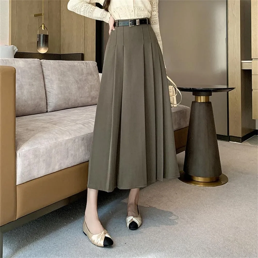 Women's Casual Pleated Skirts Vintage Solid High Waist Mid Length A-Line Skirts