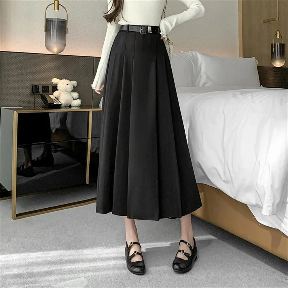 Women's Casual Pleated Skirts Vintage Solid High Waist Mid Length A-Line Skirts