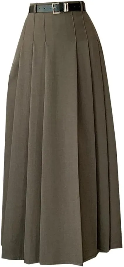 Women's Casual Pleated Skirts Vintage Solid High Waist Mid Length A-Line Skirts