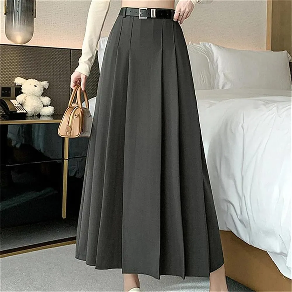 Women's Casual Pleated Skirts Vintage Solid High Waist Mid Length A-Line Skirts