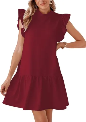 Women's Casual Ruffle Sleeve Mini Dress Soft Loose Fit Summer T-Shirt Dress with Flowy Hem