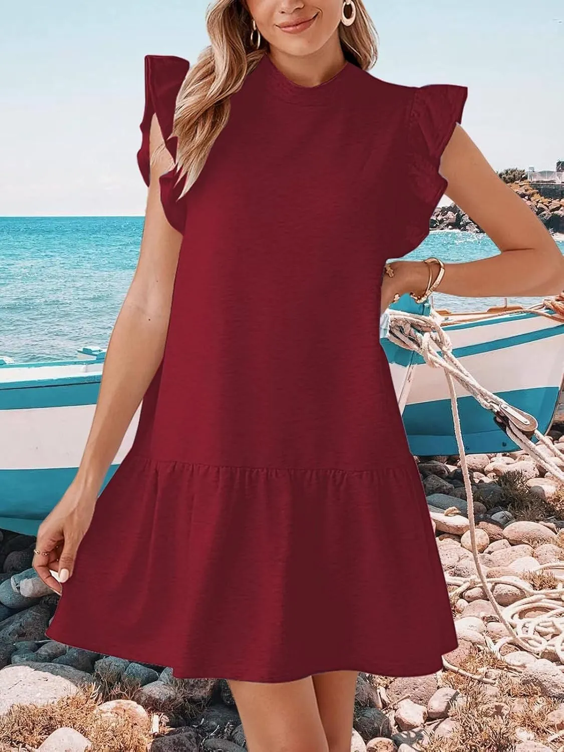 Women's Casual Ruffle Sleeve Mini Dress Soft Loose Fit Summer T-Shirt Dress with Flowy Hem