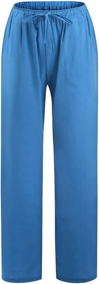 Women's Cotton Linen Palazzo Pants Wide Leg Beach Pants Summer Lightweight Pants Plus Size Lounge Pants with Pockets