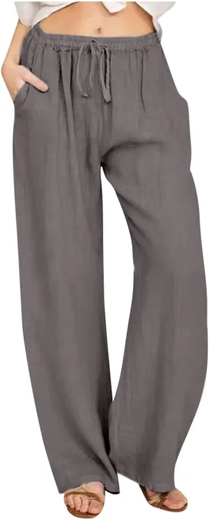 Women's Cotton Linen Palazzo Pants Wide Leg Beach Pants Summer Lightweight Pants Plus Size Lounge Pants with Pockets