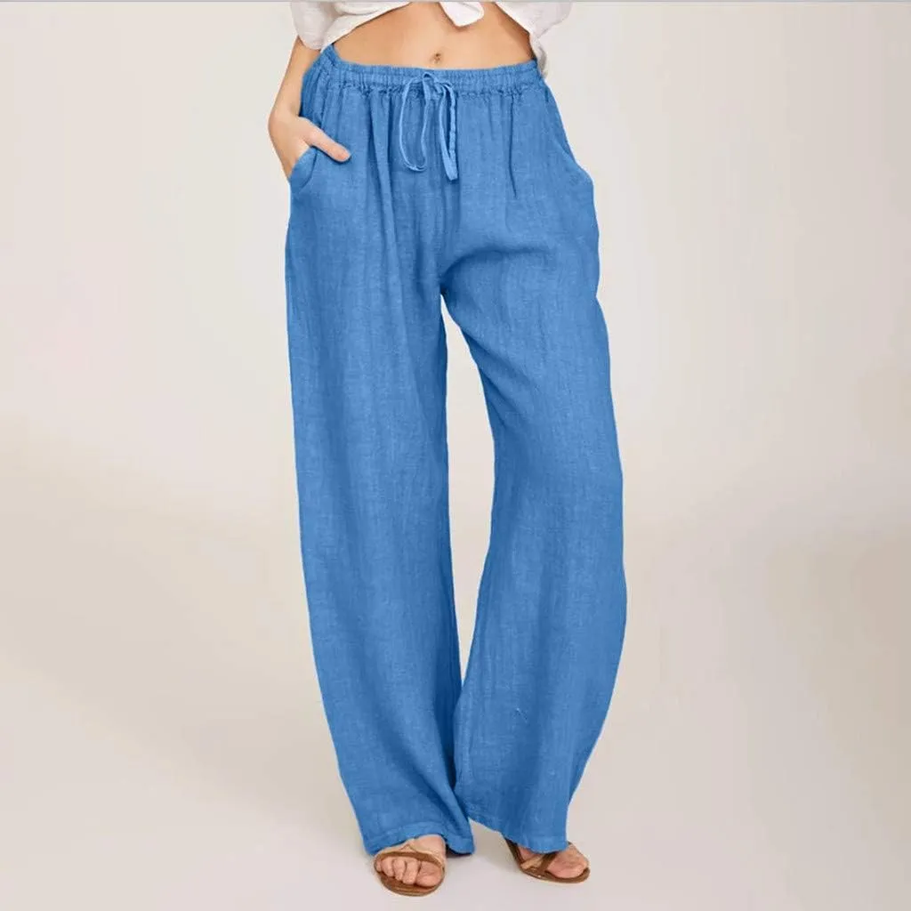 Women's Cotton Linen Palazzo Pants Wide Leg Beach Pants Summer Lightweight Pants Plus Size Lounge Pants with Pockets