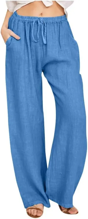 Women's Cotton Linen Palazzo Pants Wide Leg Beach Pants Summer Lightweight Pants Plus Size Lounge Pants with Pockets
