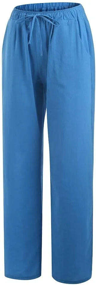 Women's Cotton Linen Palazzo Pants Wide Leg Beach Pants Summer Lightweight Pants Plus Size Lounge Pants with Pockets