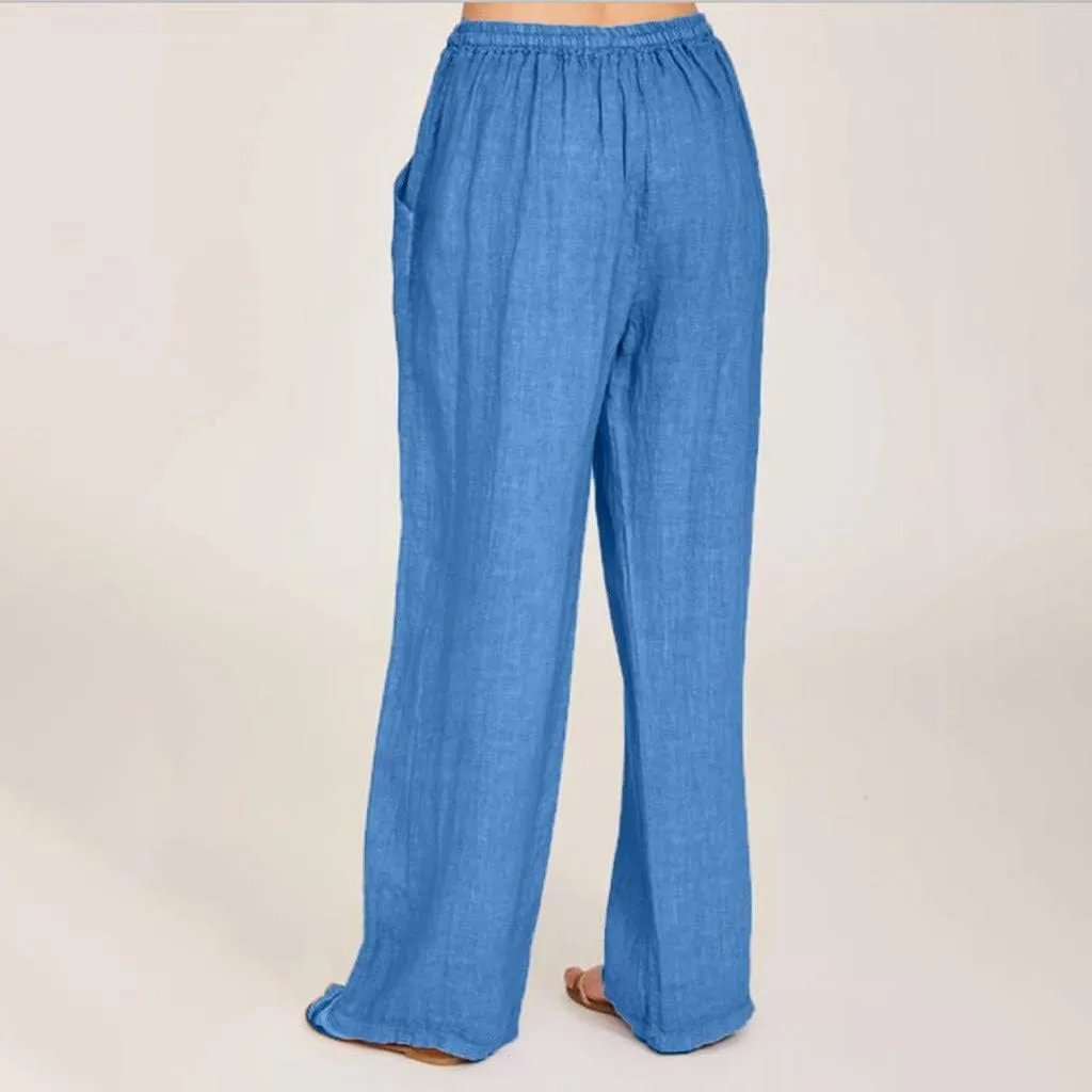 Women's Cotton Linen Palazzo Pants Wide Leg Beach Pants Summer Lightweight Pants Plus Size Lounge Pants with Pockets