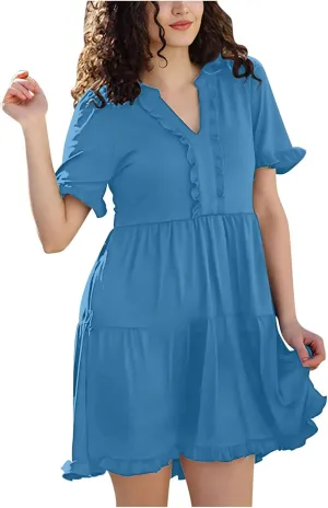 Women's Dresses 2025 Summer V Neck Short Sleeve Casual A Line Dress Trendy Ruffle Flowy Swing Shift Dress Mini Dress