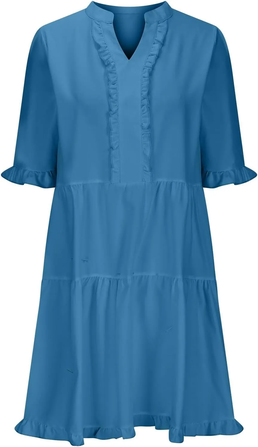 Women's Dresses 2025 Summer V Neck Short Sleeve Casual A Line Dress Trendy Ruffle Flowy Swing Shift Dress Mini Dress