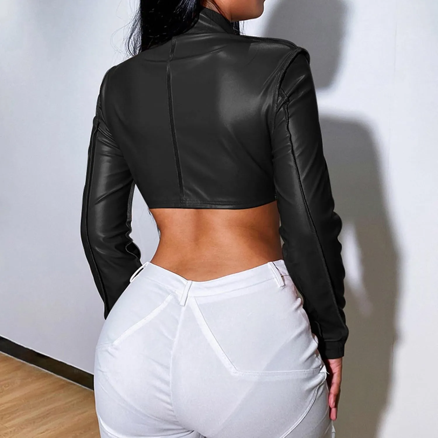 Women's Faux Leather Jackets Sexy V Neck Long Sleeve Zipper Midriff Up Moto Cropped Jacket