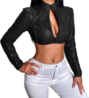 Women's Faux Leather Jackets Sexy V Neck Long Sleeve Zipper Midriff Up Moto Cropped Jacket